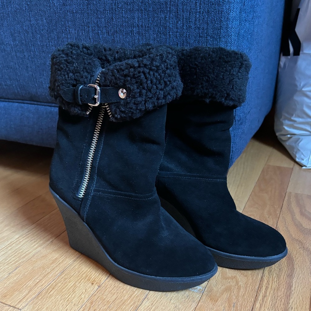 Coach Wedge Heel Foldover Shearling Zip Up Boot